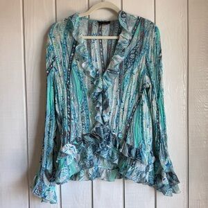 Y2K Blue Floral Ruffled Flare Sleeve Blouse